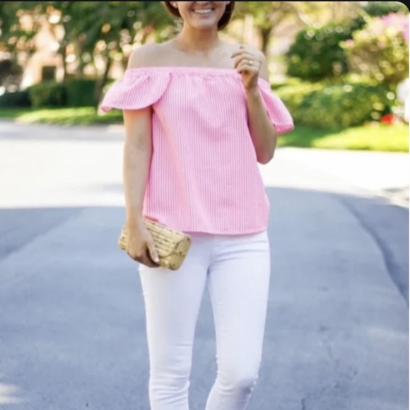Vineyard Vines Tops - Vineyard Vines Pink White Stripe Off Shoulder Barbie Top XS